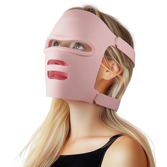 Red Light Mask, Silicone Cordless Led Mask with 368 Chips 2000mAh Rechargeable 3 Modes & Timer, Blue Light Infrared Face Mask Home Travel Working, Pink