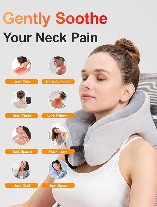 CAMECO 4 in 1 Neck Heating Pad & Massager & Nap Pillow & Travel Pillow for Pain Relief, 5000mAh Cordless 3D U-Shaped Vibration Massage Heated Neck Wrap for Traveling Sleeping Airplane, Memory Foam