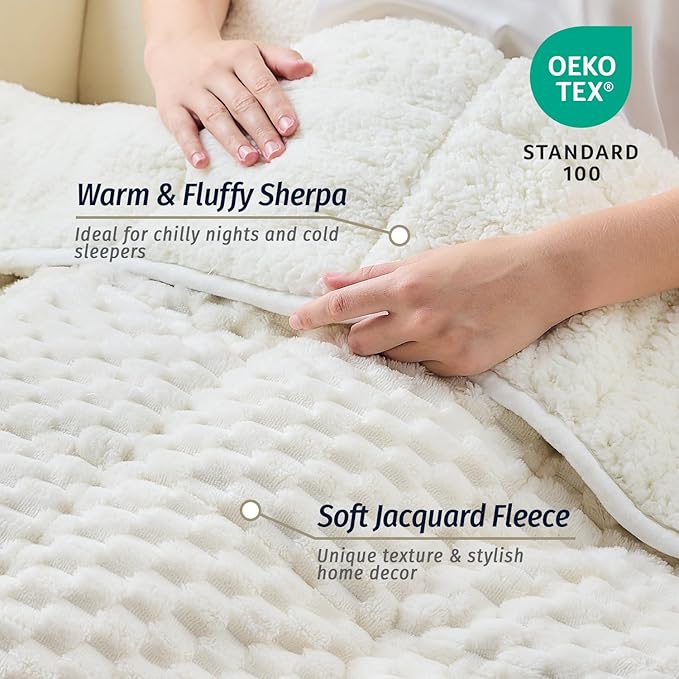 Wemore Fleece Weighted Blanket for Adults (60" x 80" 20lbs, Cream White), Dual Sided Cozy Soft Sherpa Heavy Blanket, 3D Imitation Turtle Shell Warm Jacquard Flannel Weighted Blankets for Couch and Bed