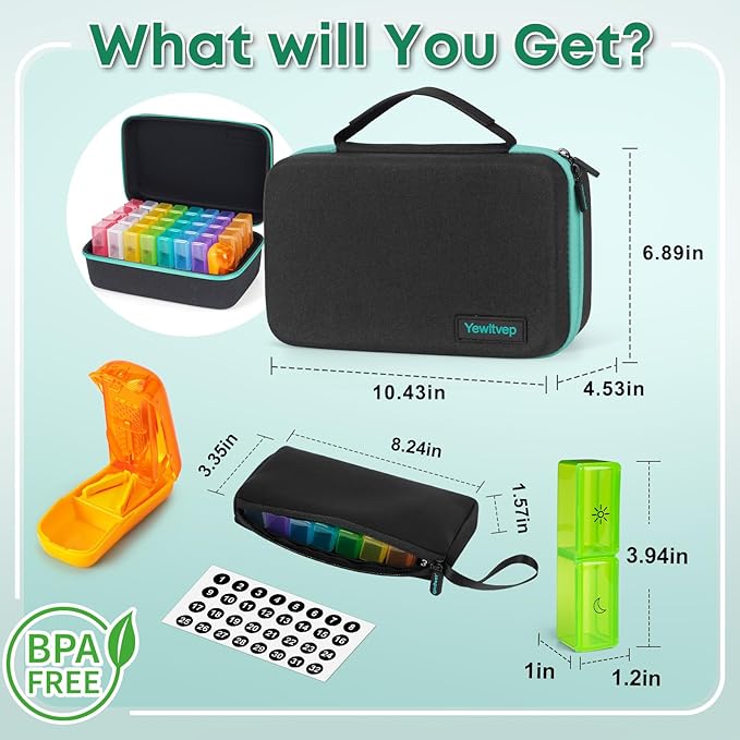 Monthly Pill Organizer 2 Times a Day with Weekly Pill Bag, 30 Day Pill Organizer 2 Times a Day with Large 32 Compartments, Monthly Stickers, Pill Cutter, Hard Travel Case Medicine Vitamins Case