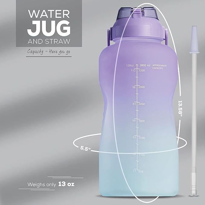 Motivational Water Bottle with Straw & Handle,One Gallon Water Bottle 128 oz/3.8L,Reusable Water Jug, Achieve All-Day Hydration SpillProof, BPA FREE