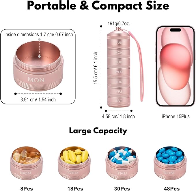 Metal Travel Pill Organizer - 7 Day Waterproof Metal Weekly Pill Box Daily Pill Case, Pill Container for Vitamin Medicine Supplements Fish Oil, Pink Medicine Pill Organizer