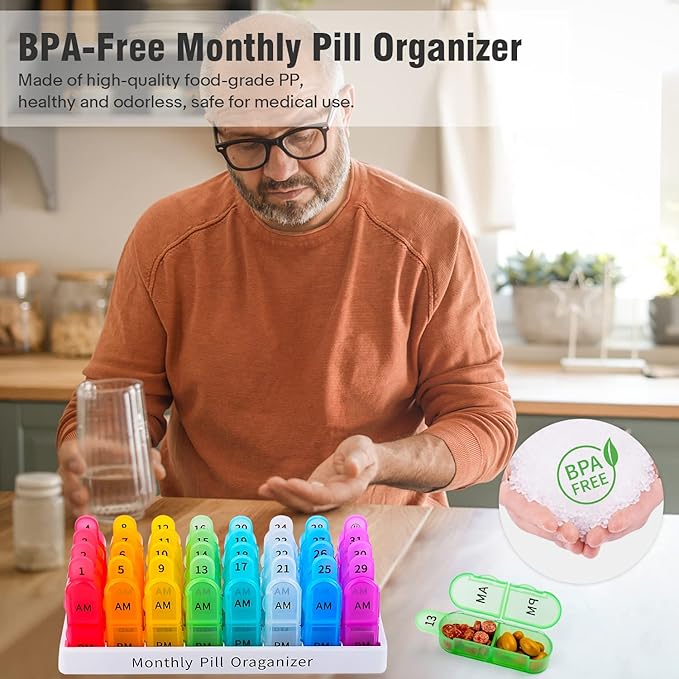 Monthly Pill Organizer 2 Times A Day, Greencycle 30 Day Medicine Organizer, AM PM Pill Cases, 4 Week Pill Box, Small Compartments to Hold Vitamins Fish Oil Supplements Great for Travel
