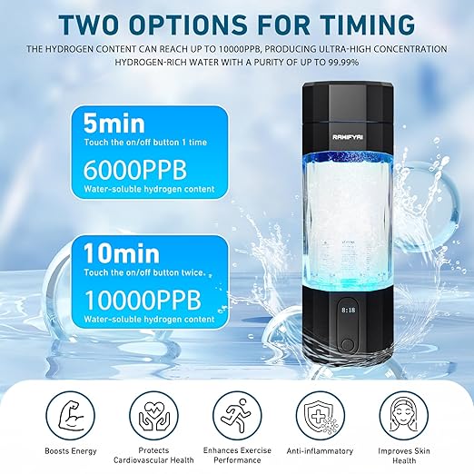 New Upgrade 10000PPB Hydrogen Water Bottle SPE/PEM Technology Seven Colorful Light Double Anti-Slip and Leak-Proof Hydrogen Water Generator with LCD Display (Black, H80)