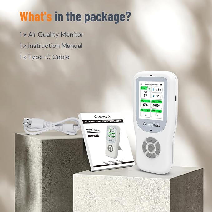 LifeBasis Air Quality Monitor Indoor, 10-in-1 Air Quality Detector with Stand, Real-Time Air Meter Test AQI, PM1.0, PM2.5, PM10, CO2, TVOC, HCHO, Particles, Temperature and Humidity with Alert -White