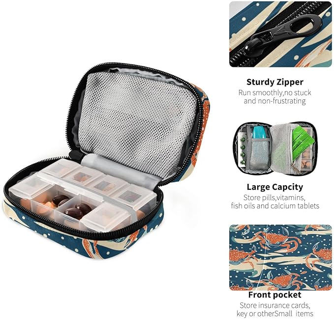 Travel Pill Case Nautical Crab Weekly Small Pill Box 7 Day Pill Box Pill Organizer Bag