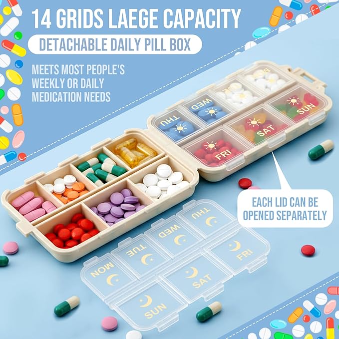 2 Pack Foldable Weekly Pill Organizer 2 Times a Day Week with Etched Labels Portable Am Pm 7 Day Medicine Box Kit Daily Travel Pill Case Dispenser for Vitamin Fish Oil Supplement Storage