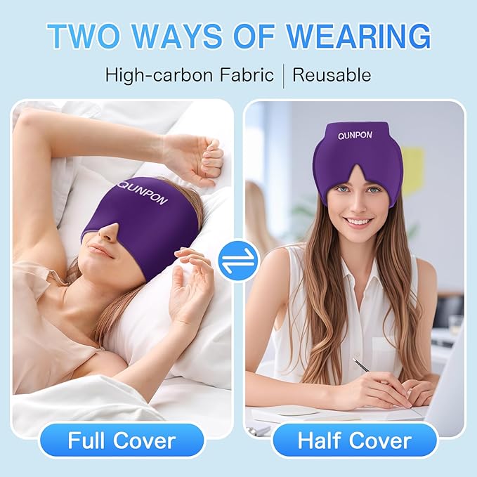 Valentines Day Migraine Relief Cap Gifts for Her Him,Headache Relief Cap Ice Pack Mask,Cold Eye Face Hat Cooling Gel Head Wrap for Tension,Stress,Hangover Gifts for Women Men Mom-Purple