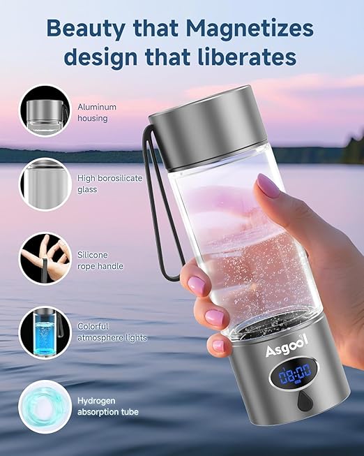 Hydrogen Water Bottle - 5000 PPB in 8 Minutes, Cyclic Mode for 8 Hours, Self Clean, Aluminum & Glass, for Travel Sports Office Home, Gift for Father Mom Family Friends Clients(Grey, 12Oz)