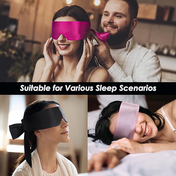 FRESHME Satin Sleep Mask - Lightweight Eye Mask for Sleeping Comfortable Adjustable Eye Blindfold Cover for Women Men Night Travel Nap Valentine's Day Gift Black and Deep Rose Red 160cm/63in
