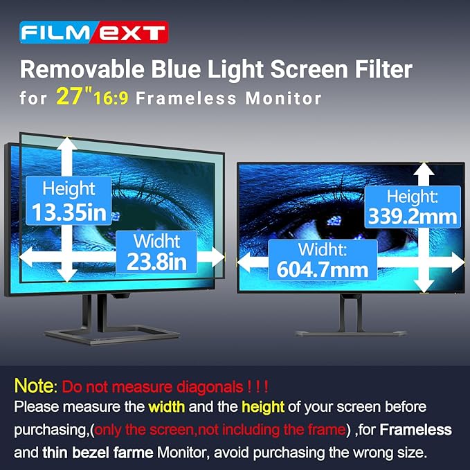 FILMEXT 2 Pack Removable 27 Inch Blue Light Screen Filter for Monitor 16:9 Frameless Monitor -Bubble Free High Clarity- Eye Protection Blue Light UV Blocking Protector for Thin Bezel Computer Monitor