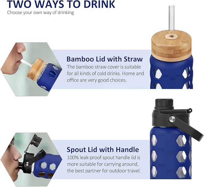 MUKOKO 24oz Glass Water Bottle with 2 Lids-Handle Flip Lid&Bamboo Straw Lid,Motivational Water Tumbler with Time Marker Reminder and Silicone Sleeve, Leakproof-Blue