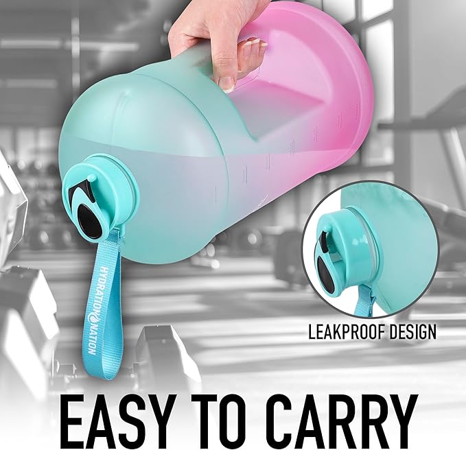 Hydration Nation 1 Gallon Water Bottle with Times to Drink - Motivational Time Reader Leak-Proof Jug with Flip Cap & Strap - 128oz Sports Bottle