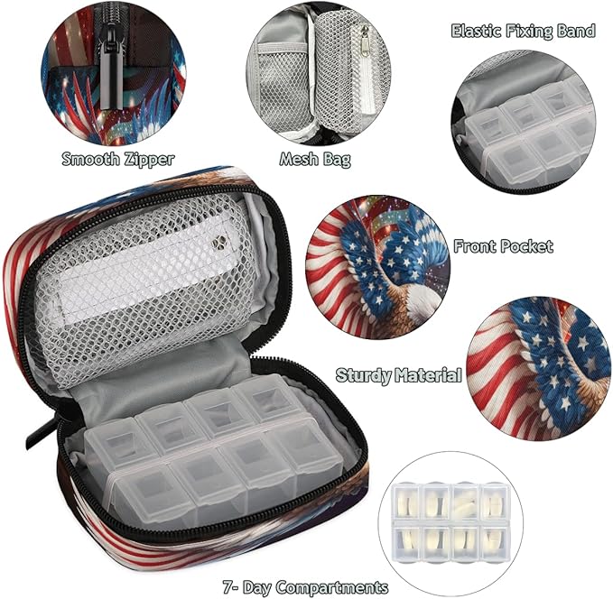 American Flag Memorial Independence Day Travel Pill Organizer Box Weekly Portable Pill Case Daily Pills 7 Day Small Birth Control Pills Container Removable Compartments for Medicine Vitamins Fish Oil