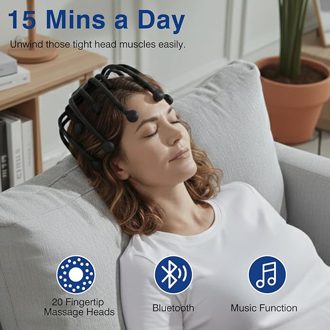 Head Massager Scalp Electric with Bluetooth Function, 360° Electric Head Massager Rechargeable 4 Modes, Electric Octopus Scalp Massager Portable, Long Battery Life, Scalp Stress Relax Massage Tool