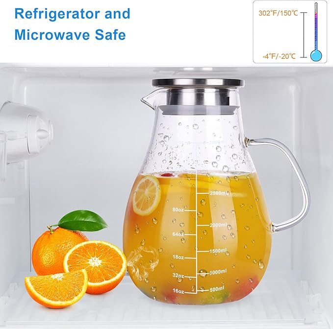 Glass Pitcher, Glass Water Pitcher with Tight Stainless Steel Lid, 105.5oz/3L Heat Resistant Borosilicate Glass Carafe, Temperature Safe