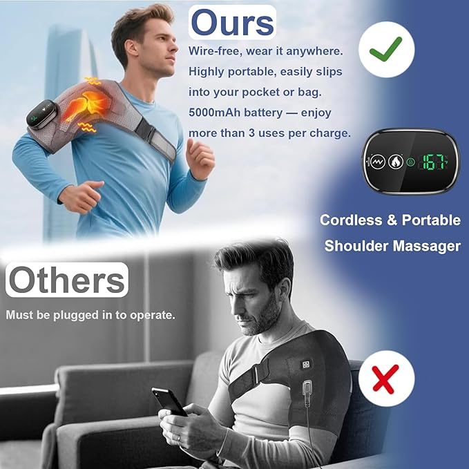 Shoulder Heating Pad with Massage Cordless, Shoulder Massager for Pain Deep Tissue, Heated Shoulder Wrap with Massage, Heat Pad for Pain