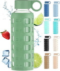 purifyou 40oz / 32oz / 22oz / 12oz Borosilicate Glass Water Bottle with Time & Volume Markers, Silicone Sleeve, Stainless Steel Lid | Reusable Glass Bottle for Water & Juice (12oz Shale Green)