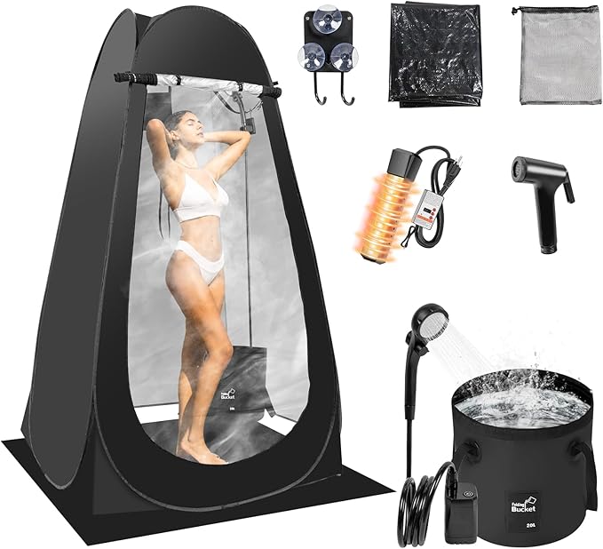 Portable Hot Shower Tent for Camping,Pop Up Privacy Tent with Rechargeable Camping Shower with 2000w Immersion Water Heater