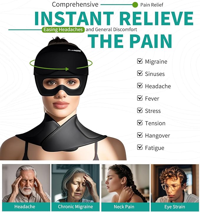 3-in-1 Migraine Relief Cap with Neck Ice Pack Wrap & Detachable Ice Eye Masks, Soothing Headache Relief Cap Ice Cold Pack Mask, Cold Heat Compress Reusable Headache Relief Products for Stress Hangover