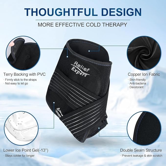 Ankle Ice Pack Wrap with Compression – Reusable Cold Gel Pack for Foot and Achilles, Dual Strap Design with Soft Plush Lining, Flexible Cold Therapy for Ankle Support - 2 Packs