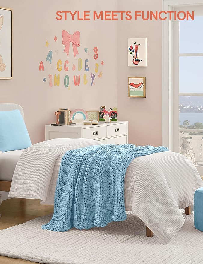 YnM Cooling Weighted Blanket, 100% Cotton Handmade Chunky Knitted Blanket, Weighted Lap, Breathable Heavy Blankets, Machine Washable Throw for Sleep or Home Decor (Sky Blue, 35x40 Inch, 5lbs)