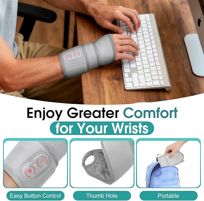 Cordless Wrist Heating Pad, Heated Wrist Brace Wrist Massager Wrap for Arthritis, Rechargeable Heated Hand Heating Pad Massage for Carpal Tunnel & Office Pain Relief (Light Grey)