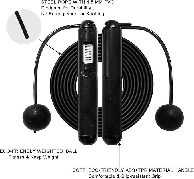Jump Rope with Counter, 2-in-1 Weighted Corded & Cordless Skipping Rope with LCD Display, Adjustable Length Steel Ball Bearings for Calorie/Count Tracking - Smart Jump Rope for Adults Home Gym Fitness Workouts