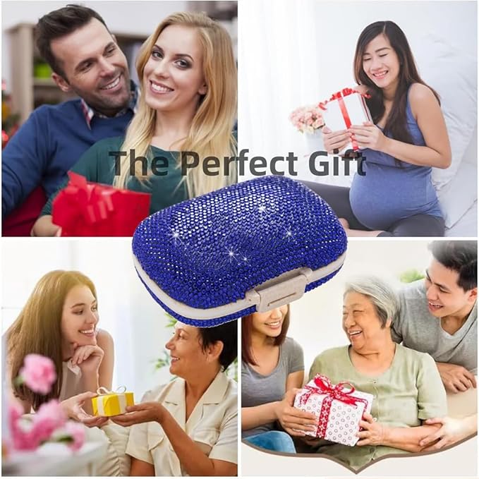 Daily 6 Compartments Pill Box Container Bling Diamond for Purse Medicine Container Holder for Women Travel Kit Medicine (Dark Blue)