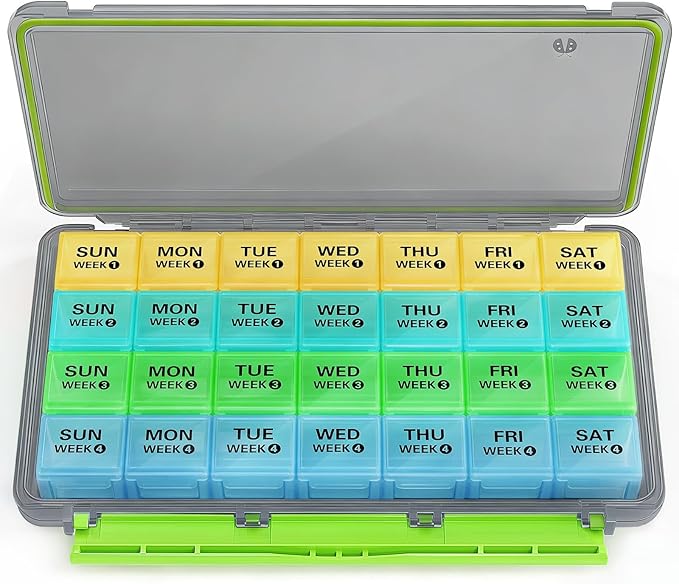 BUG HULL Monthly Pill Organizer, Moisture-Proof Large 28 Days Pill Box with Removable 4 Weeks Pill Case Rows, Medicine Pills Organizers, Travel Pill Organizer with One Month Pill Container-Light Black