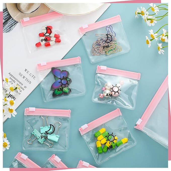 Colarr 14 Pcs AM PM Pill Pouches Bags Reusable Zippered Day and Night Pill Organizer with Slide Lock for Travel Medicine Case, 1 Large 14 Small(Pink)