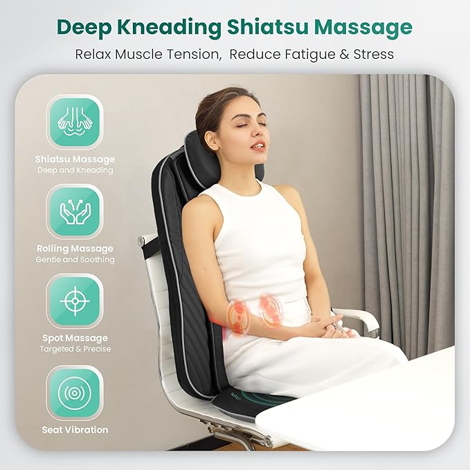 Snailax Shiatsu Back Massager with Heat, Upgraded Electric Deep Tissue Kneading Full Body Massage Chair for Back Pain, Home, Office Use, Gifts for Men, Women