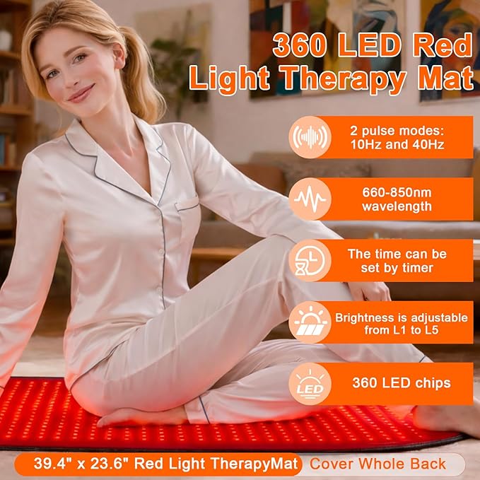Red Light Therapy Mat for Body, 660nm & 850nm Red Light with 360 LEDs, 3 Modes & 5 Brightness Levels, Flexible Full Body Light Mat for Home, Office & Post-Workout Relaxation