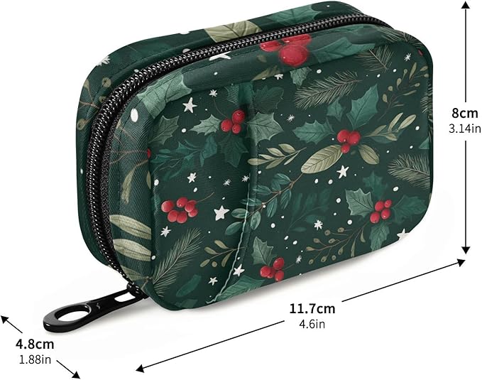 Holly Berries Pine Needles Stars Dark Green Travel Pill Organizer Case Box Container Weekly Portable Vitamin Medicine Holder Storage Bag with Zipper Removable