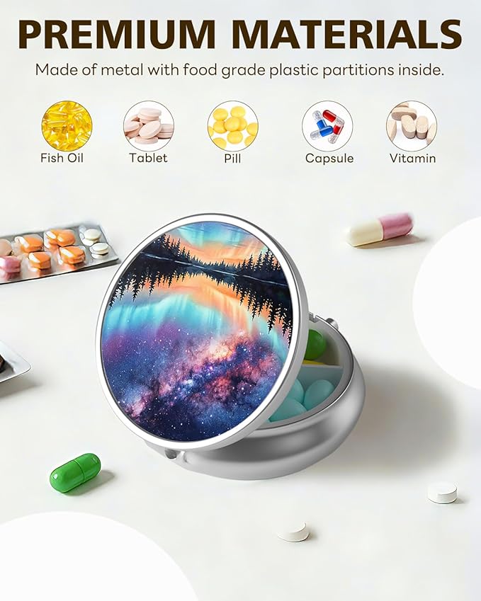 LRITER Pill Case, Portable Travel Pill Box, Pillbox Organizer, Cute Small Medicine Storage Container, Purse Accessories for Women, Men (Aurora)