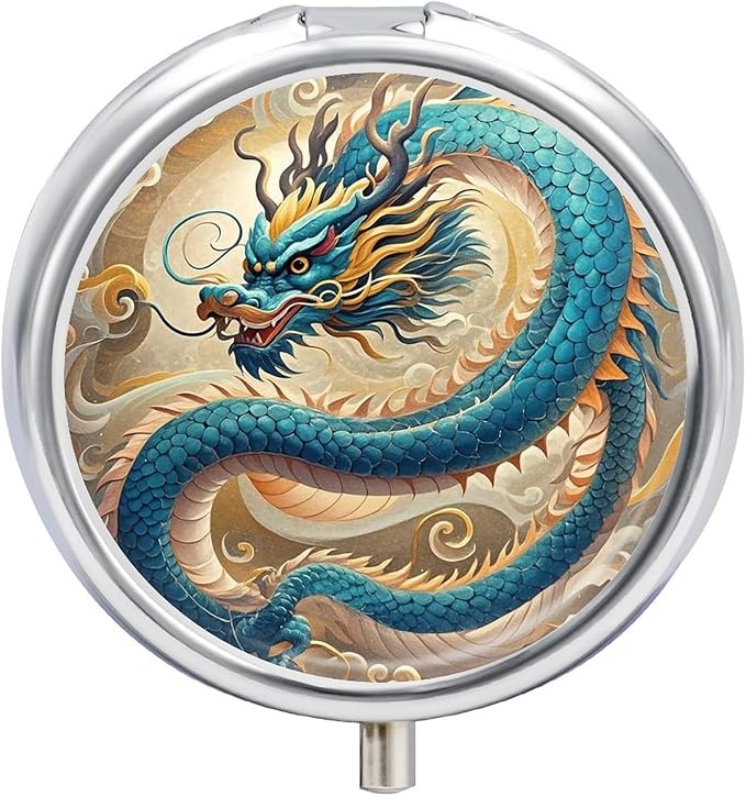 Dragon Pill Box Travel Pill Case for Purse Pocket Weekly Medicine Organizer with Mirror 3 Compartment Round Medicine Case Portable PillcaseHolder for Daily