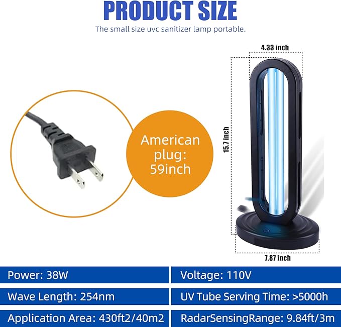 Ultraviolet Germicidal Lamp 110V, 38W Ozone UV Light Sanitizer for Whole Room, Three-Step Timing Remote Control, Blue Light for Home/Office/School