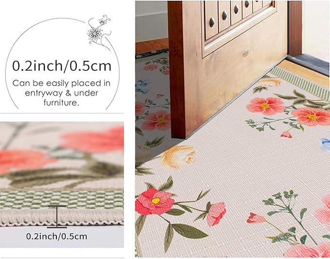 Pink Floral Kitchen Mats Set of 2, Boho Flower Kitchen Rugs Non-Slip Washable, Spring Home Decor Low-Profile Kitchen Mat for Floor Sink Laundry 17x30 and 17x47 Inch