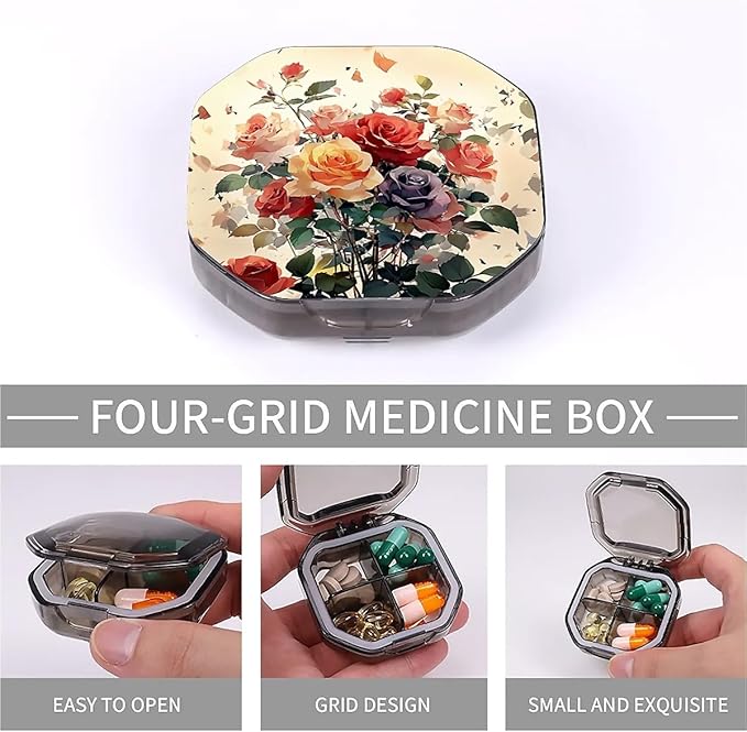 This Portable Watercolor Rose Pattern 4-Compartment Pillbox Can Be Placed in A Pocket Or Wallet to Store Vitamins, Medicines Fish Oil Health Supplements Other Medications.
