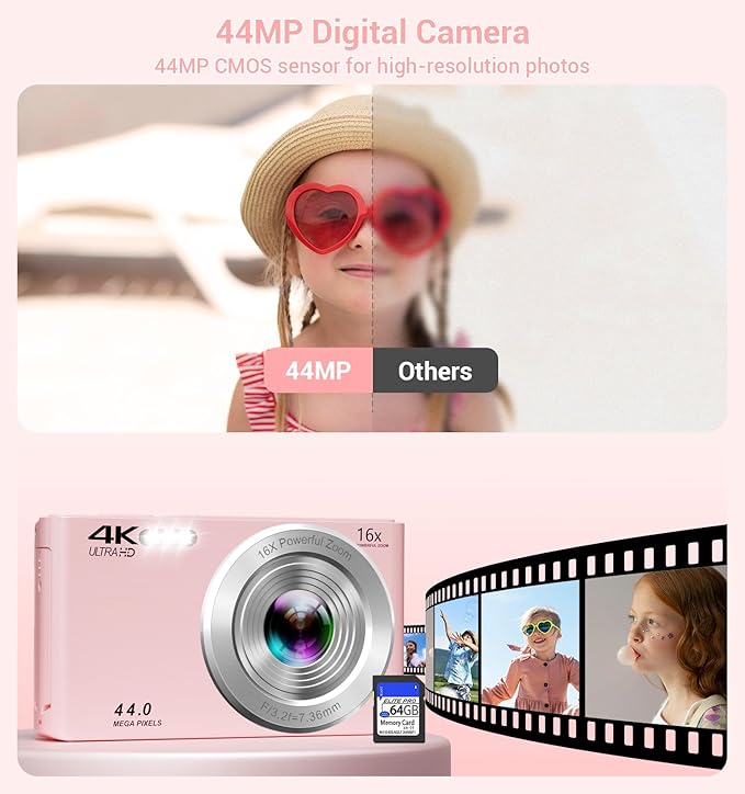 Digital Camera,Upgraded FHD 4K Pink Digital Camera for Teens Girls,Compact Digital Cameras with 64GB Memory Card,2 Batteries,Small Camera with 16X Autofocus Digital Zoom for Vlogging