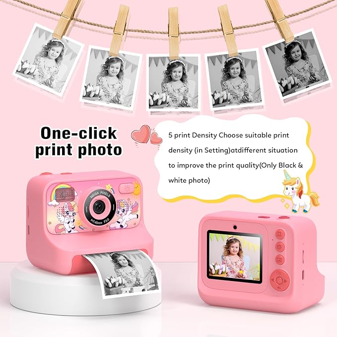 Instant Print Camera for Kids Age 3-12 Girls Boys 1080P HD Digital Video Cameras with 5 Print Paper & 32G Card Toddler Portable Travel Toys Camera for Christmas Birthday Gifts