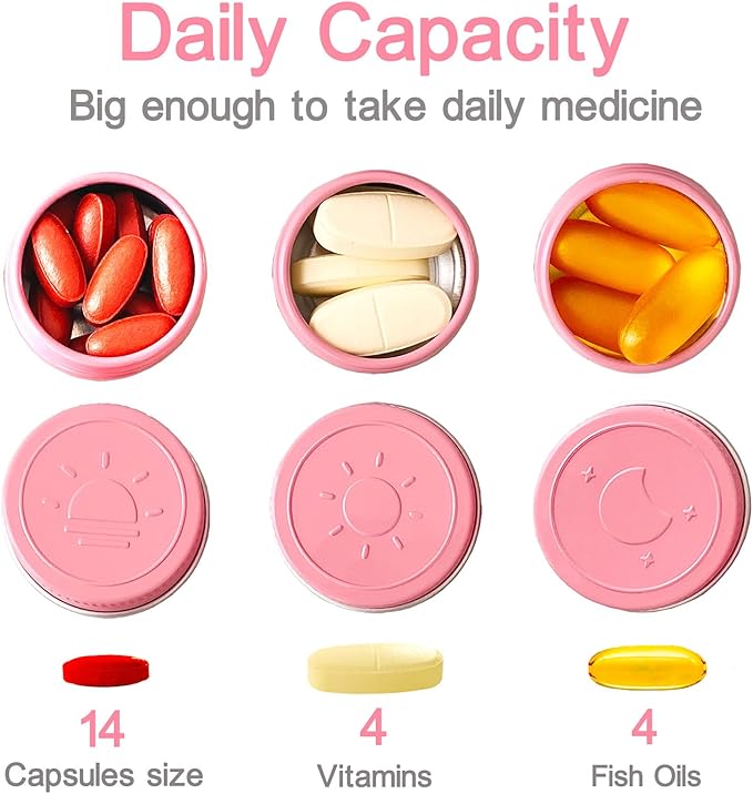 Extra Small Single Pill Box for Purse (3 Pack), Aluminum Screw Top Pill Container, 3 Times a Day Portable Waterproof Single Pill Case for Vitamins, Fish Oils, Supplements (Pink)