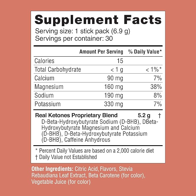 Real Ketones BHB Exogenous Ketones Drink Mix Packets Keto Electrolytes Powder Packets No Sugar with 4 Main Fasting Electrolytes Plus Hydrating Patented Keto BHB - 30 Count Peach Caffeine (Pack of 3)
