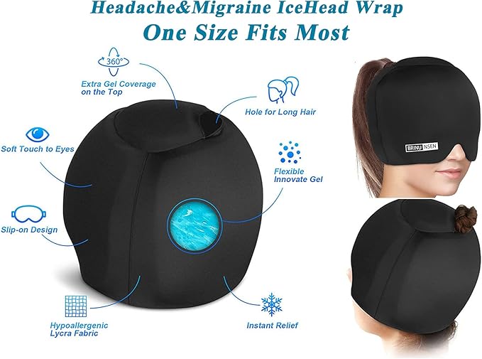 Gel Ice Head Wrap,Headache Relief Hat/Migraine Relief Hat Cold Compress,Migraine Relief Hat for Tension Puffy Eyes Migraine Relief Cap for Sinus Headache and Stress Relief