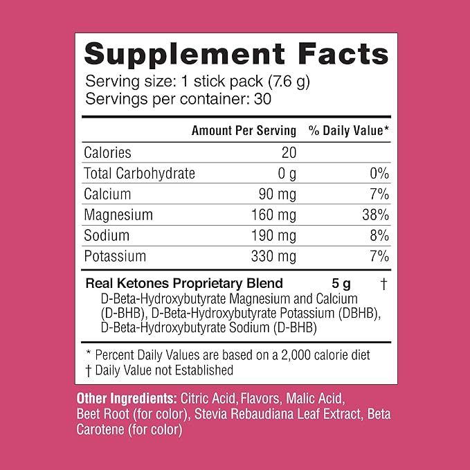 Real Ketones BHB Exogenous Ketones Drink Mix Packets | Electrolytes Powder Packets No Sugar, 4 Main Fasting Electrolytes Plus Hydrating Patented Keto BHB - 30 Count Raspberry Lemonade