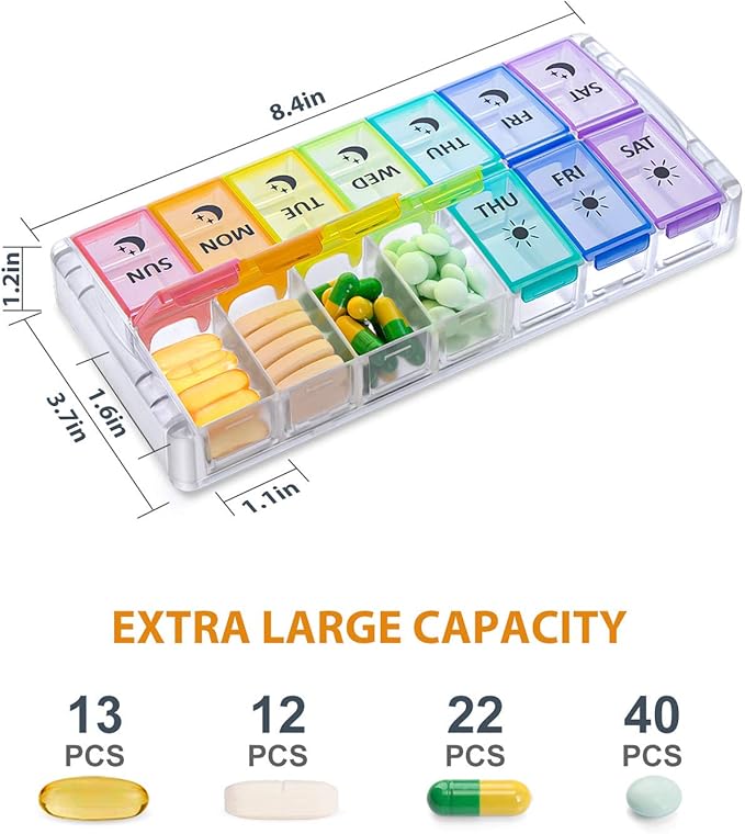 Pill Organizer 2 Times a Day, Fullicon Quick Fill Large Weekly AM PM Pill Box, Medicine Organizer 7 Day, Daily Pill Cases - Rainbow (Patent Registered)
