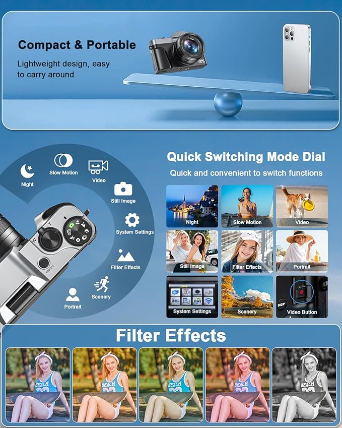 4K Digital Camera for Beginners & Teens with WiFi, 64MP Compact Autofocus Camera with 32Gb Card for Travel Vlogging Camera for YouTube, 180° Flip Screen Selfie Camera, Includes 2 Batteries