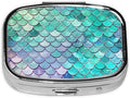 Mermaid Fish Scales Print Square Metal Pill Box with 2 Compartment for Pocket or Purse Travel Bag Small Size 2.2 inche
