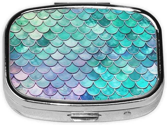 Mermaid Fish Scales Print Square Metal Pill Box with 2 Compartment for Pocket or Purse Travel Bag Small Size 2.2 inche