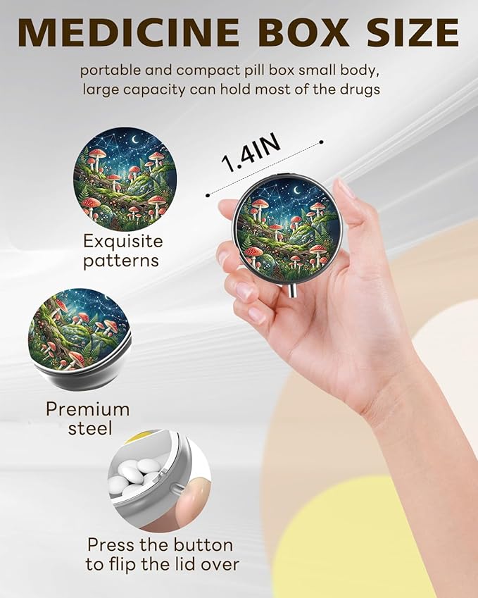 LRITER Pill Case, Portable Travel Pill Box, Pillbox Organizer, Cute Small Medicine Storage Container, Purse Accessories for Women, Men (Mushroom)